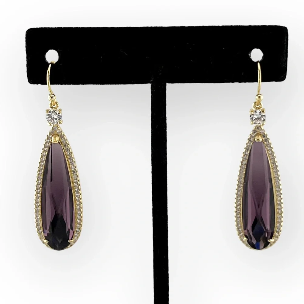 Swarovski Crystal Purple Halo Drop Earrings Gold Overlay